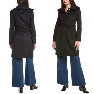 NWT SAM EDELMAN Navy Blue Wool Blend Trench Coat With Ribbed Knit Collar